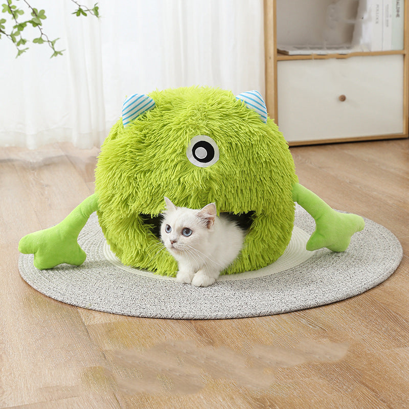 Fluffy Round Cat Dog Bed Non-Slip Calming Plush Cushion