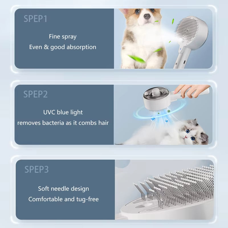 3-in-1 Electric Steam Brush For Pet Grooming And Massage