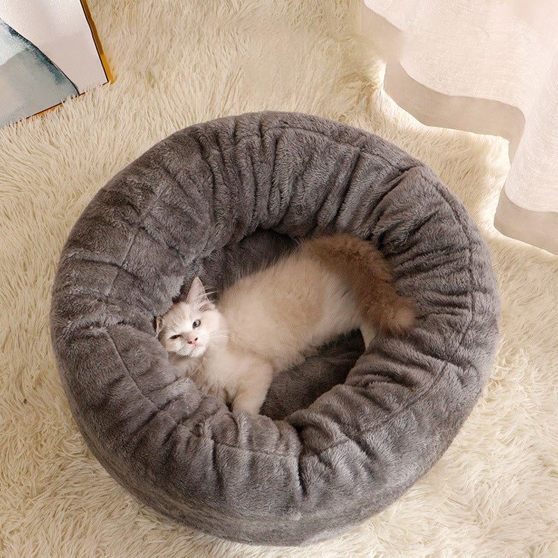 Long Plush Donut Dog Bed Comfortable Round Pet Bed For Cats Dogs