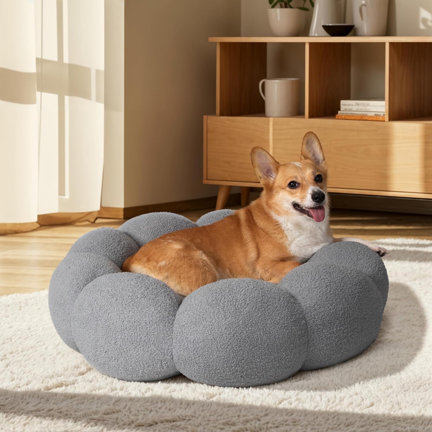 Fluffy Flower Calming Cat Dog Round Donut Bed Non-Slip