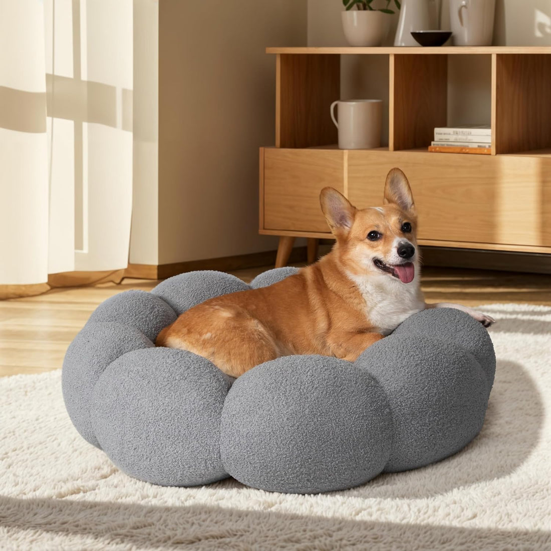 Fluffy Flower Calming Cat Dog Round Donut Bed Non-Slip