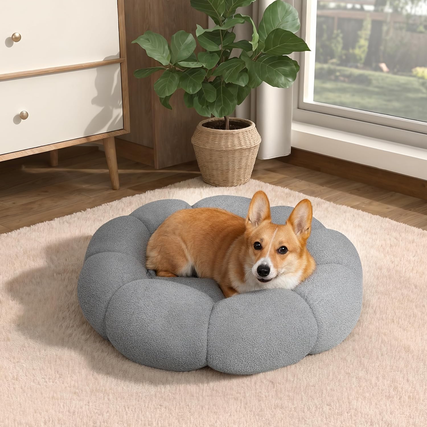 Fluffy Flower Calming Cat Dog Round Donut Bed Non-Slip