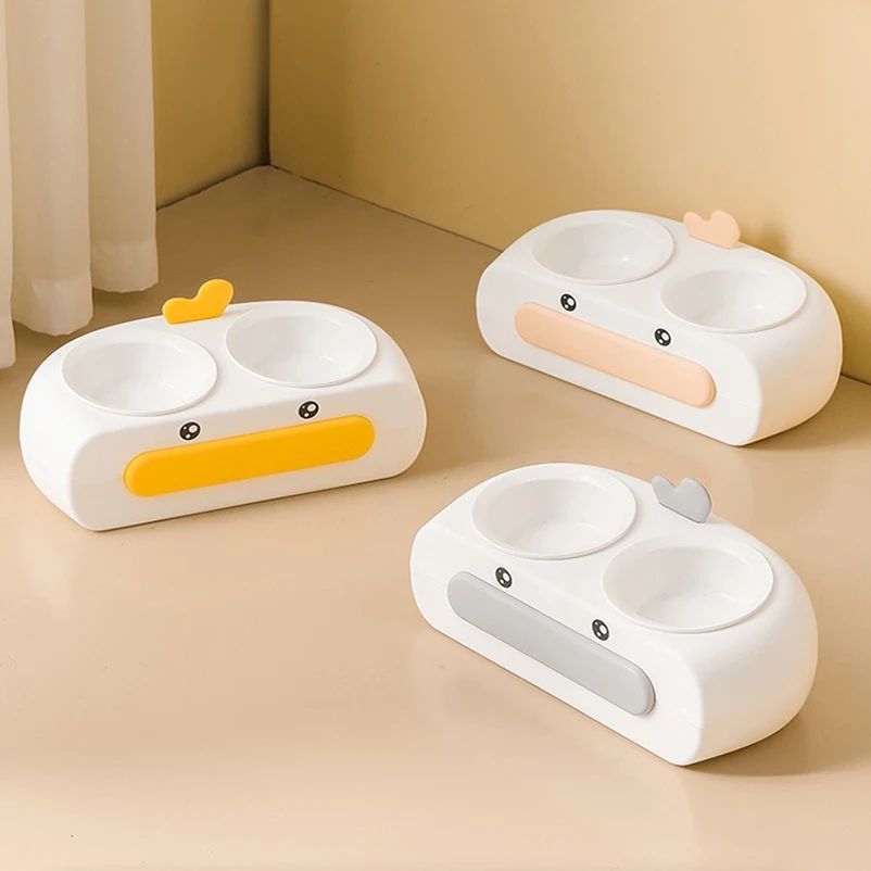 Duck Design Double Pet Bowl Plastic Feeder For Cats Dogs
