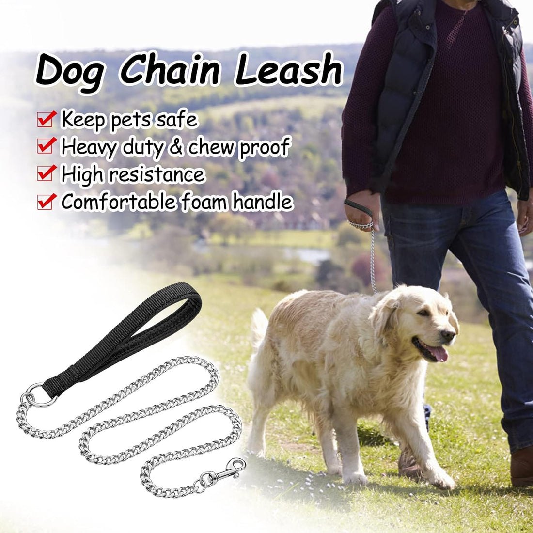 Heavy Duty Chew-Proof Metal Dog Leash With Padded Handle
