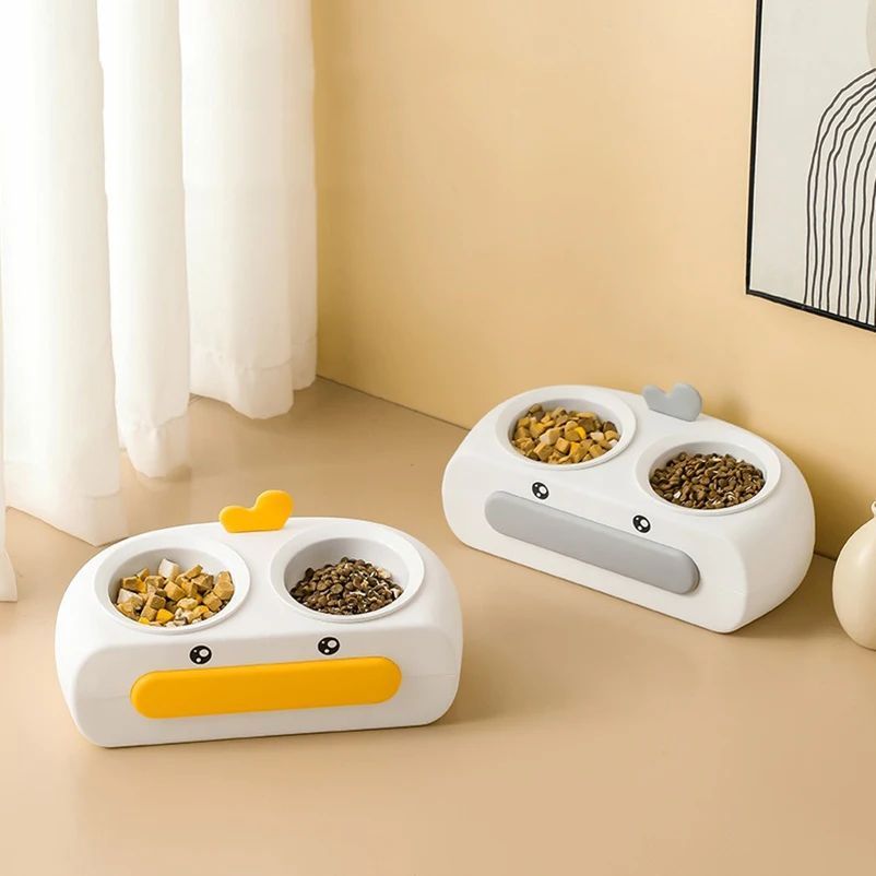 Duck Design Double Pet Bowl Plastic Feeder For Cats Dogs
