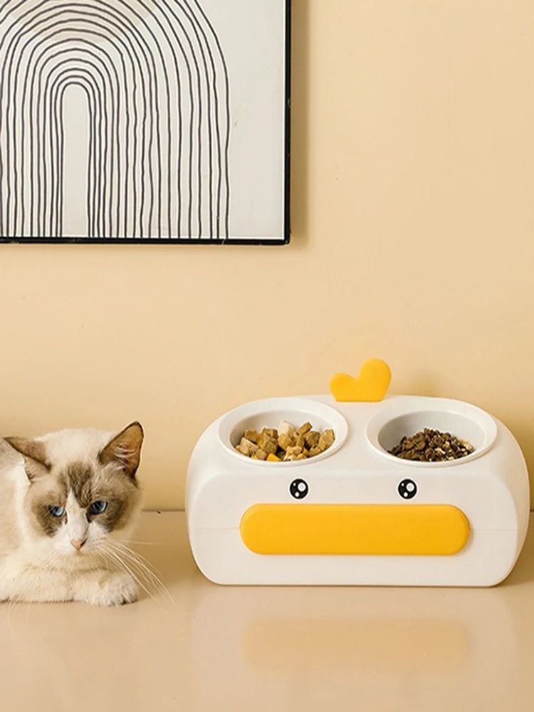Duck Design Double Pet Bowl Plastic Feeder For Cats Dogs