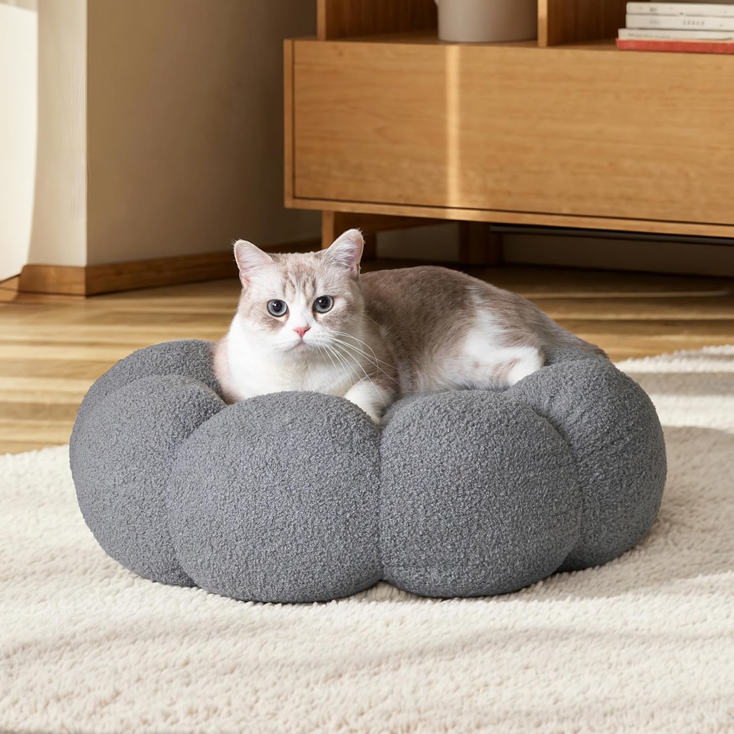 Fluffy Flower Calming Cat Dog Round Donut Bed Non-Slip